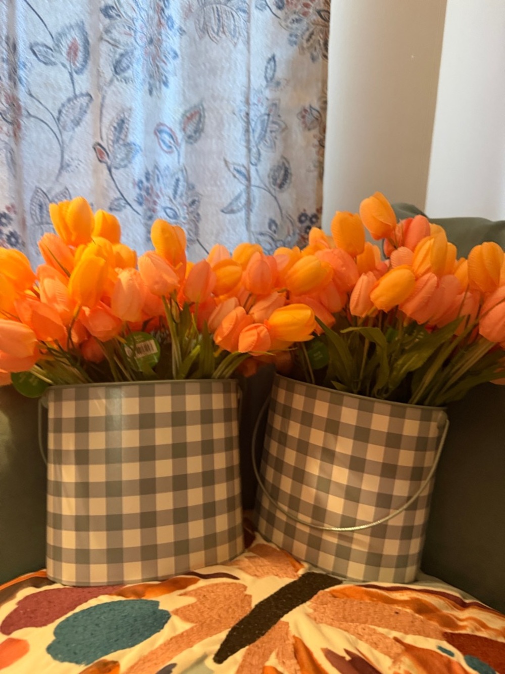 Orange and Pink  Tulip Artificial Flower Arrangements in Checkered Planter